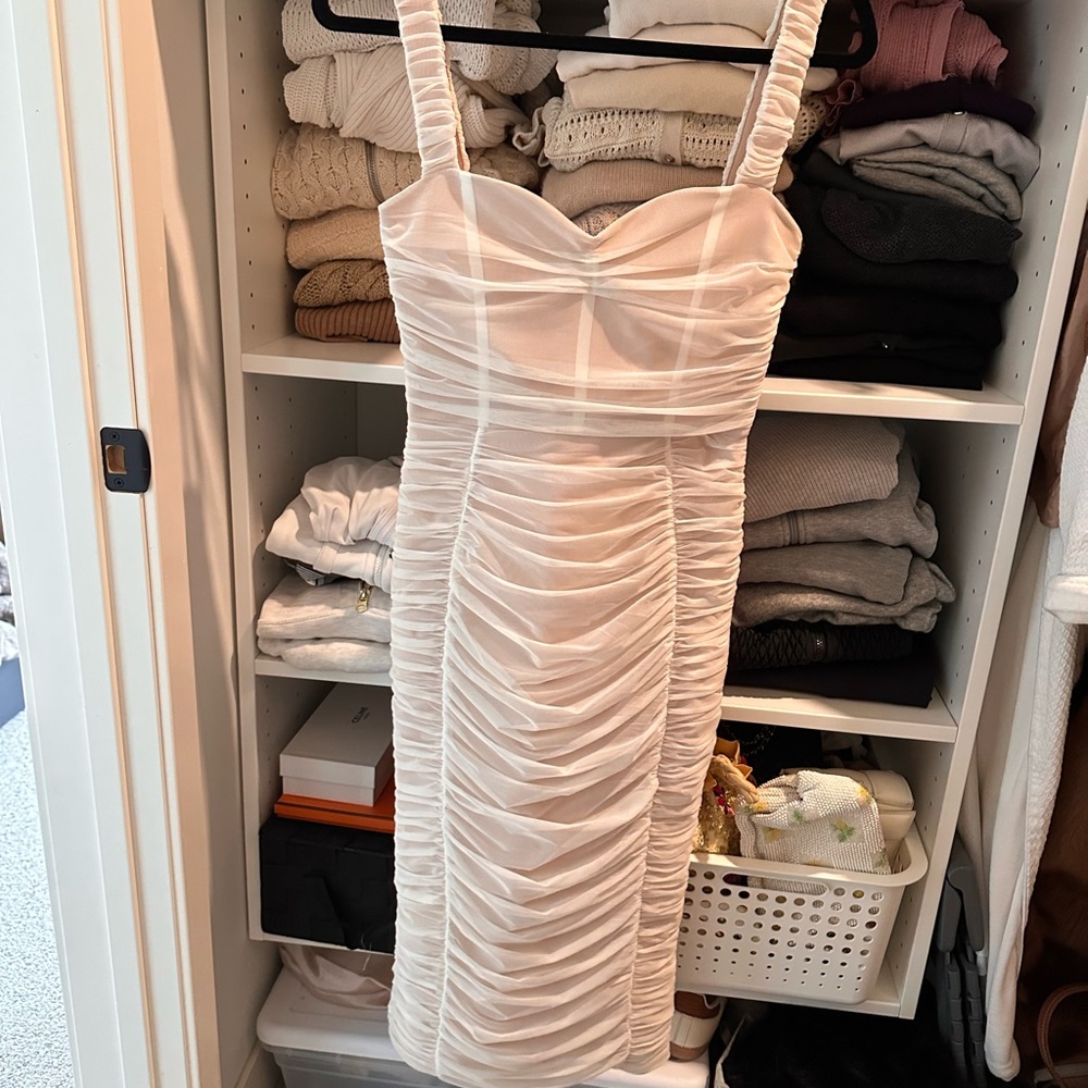 Ruched White Sleeveless Midi Dress